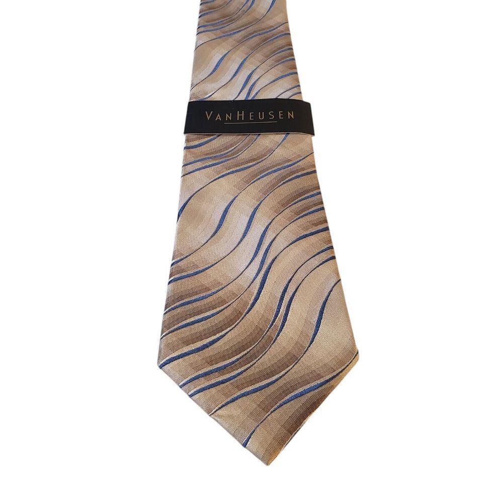 NWT Van Heusen Neck Tie Mens Luxury Tan Blue Abstract Stain Resistant Office